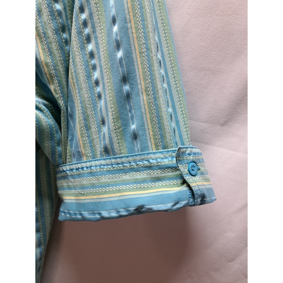 Early 2000 Y2K Lane Bryant Blue Green stripe summer button up collar shirt 22/24 - Picture 2 of 6
